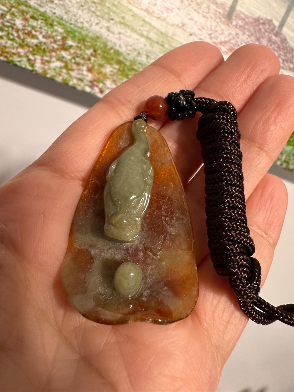 Unique Rare Green and Amber Jade Dragon Toad Pendant Necklace